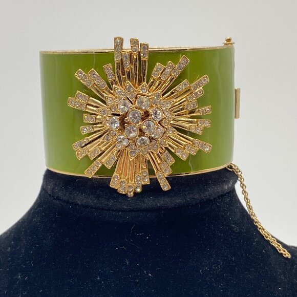 Vtg J. Crew Wide Bracelet Starburst Atomic Rhinestone Green Enamel Hinged Bangle - Picture 1 of 11